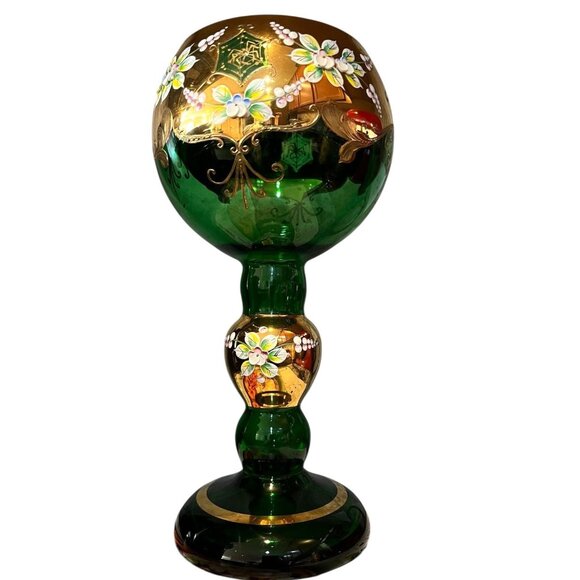 Unmarked Other - Bohemia Czech Emerald Green Chalice Art Glass Goblet Gold Textured Paint Flowers